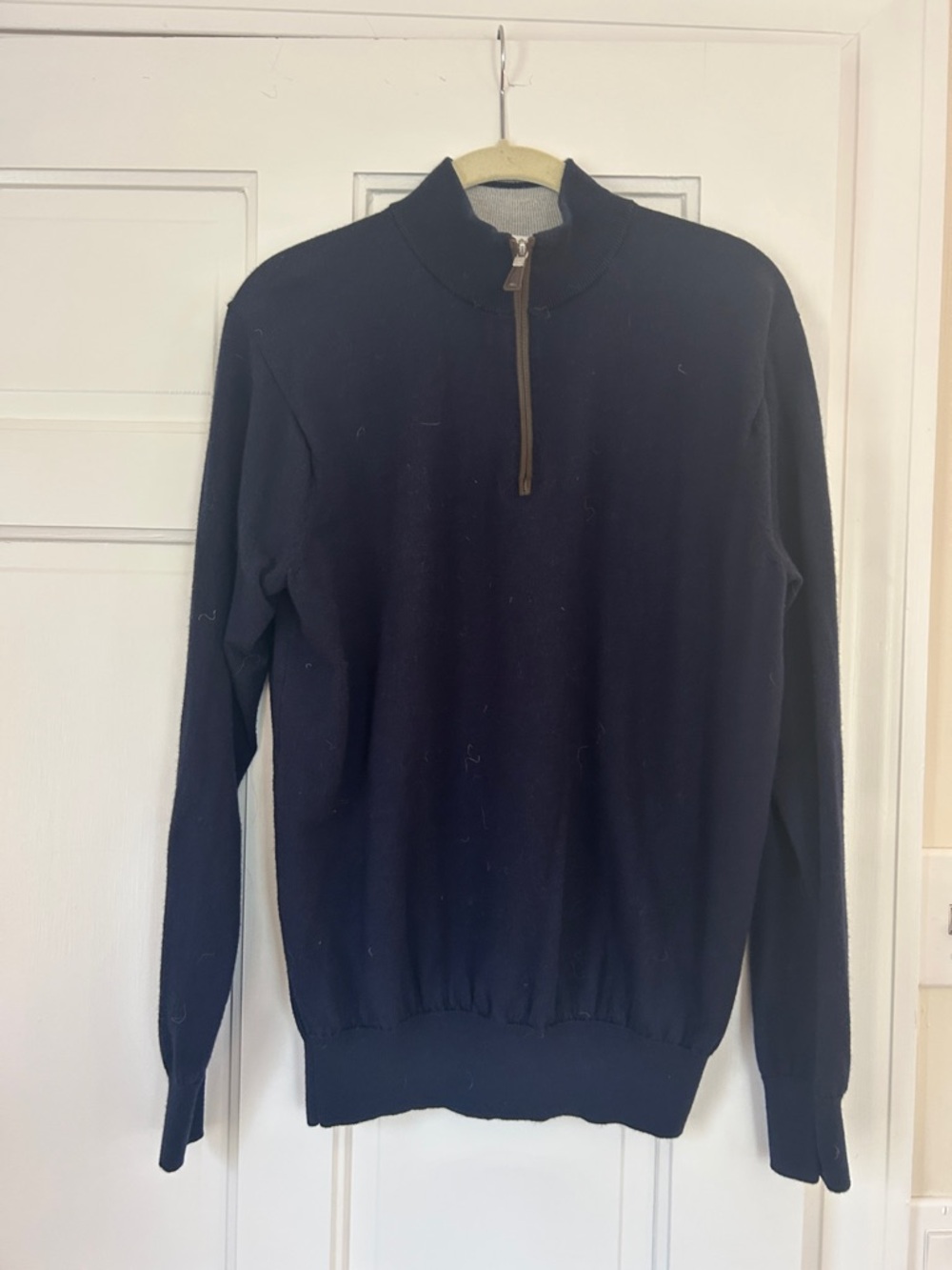 Peter Millar Navy Half-Zip Sweater with Brown Zip Pull